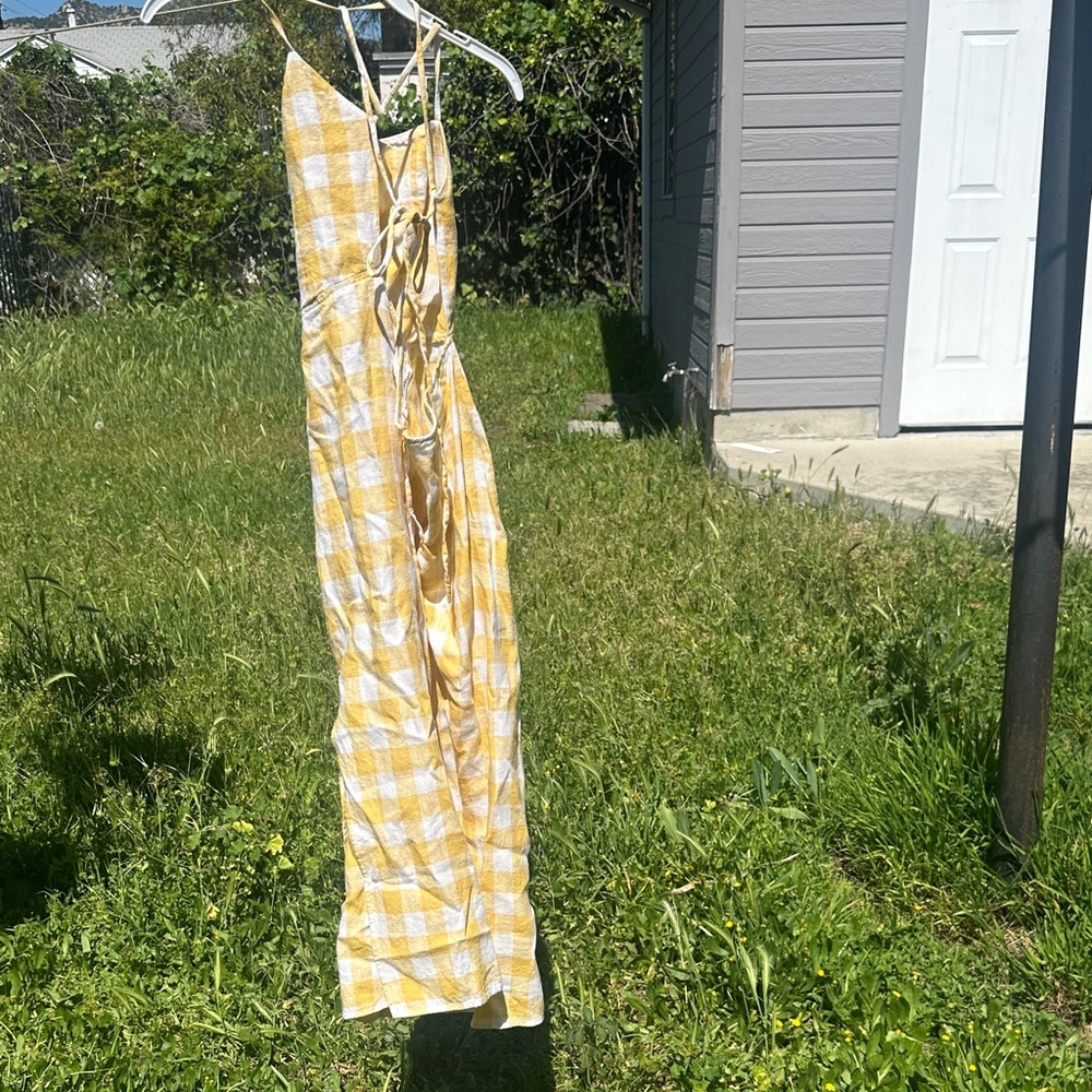 Reformation Butter Yellow Plaid Maxi Dress with Slit and Spaghetti Straps - Picture 5 of 7
